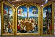  Au centre du triptyque, la croix domine une cuve dans laquelle s’écoule le sang du Christ et où plusieurs personnages se purifient. Sur le volet de droite, la foi accueille sainte Catherine ; sur le volet de gauche saint Jean désigne un texte de l’Apocalypse.