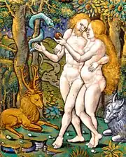 Le Péché originel par Nardon Pénicaud (déb XVIe siècle, musée Städel, Francfort-sur-le-Main).