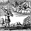 « Un jeune homme avec des ailes aux talons, ayant une verge caducée en main, entortillée de deux serpents, de laquelle il frappait une salade qui lui couvrait la tête, […], contre icelui venait courant et volant à ailes ouvertes, un grand vieillard, lequel sur sa tête avait une horloge attachée, et en ses mains une faux comme la mort, de laquelle terrible et furieux, il voulait trancher les pieds à Mercure ».