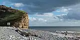 La plage de Llantwit Major, avec des falaises caractéristiques de l'époque géologique du Blue Lias&nbsp;(en) (voir Jurassique inférieur), dans une atmosphère tempétueuse. La mer a déposé un tronc d'arbre sur les galets. Octobre 2023.