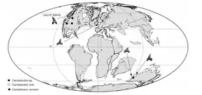 Carte du monde au Crétacé inférieur, montrant les différents sites où les fossiles de Cardabiodon ont été trouvés.