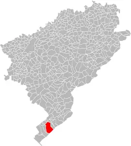 Vue d'une carte indiquant l'emplacement d'une commune dans son département.