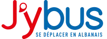 Logo du réseau, composé des caractères J'y en rouge et bus en bleu, et de la mention « Se déplacer en Albanais » en capitales bleues en-dessous