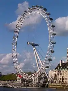 Photographie devant un ciel bleu parsemé de quelques nuages clairs de la grande roue dont le socle est posé sur la Tamise