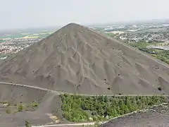 Terril moderne de la fosse n° 11 - 19 des mines de Lens avec une multitude de sommets de cônes.