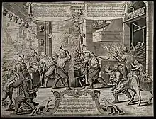 Des têtes de femmes sont reforgées dans l'atelier de Lustucru, représentant un remède brutal à la «&nbsp;folie » des femmes. Gravure par Campion, 16e siècle.