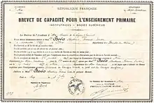 Diplôme du Brevet supérieur obtenu en 1897 à la fin de la 5e&nbsp;année de lycée de jeunes filles.
