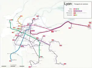 Plan du réseau de transports en commun lyonnais.