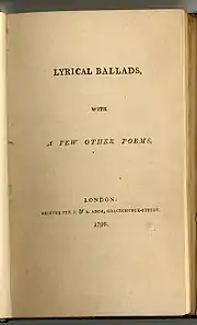 Page titre jaunie : LYRICAL BALLADS, WITH A FEW OTHER POEMS. LONDON: PRINTED FOR J. & A. ARCH, GRACECHURCH-STREET. 1798