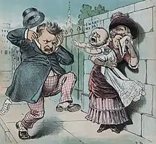 Dessin d'une femme en pleurs portant un bébé criant en direction de Cleveland. Ce dernier, visiblement énervé se bouche les oreilles.