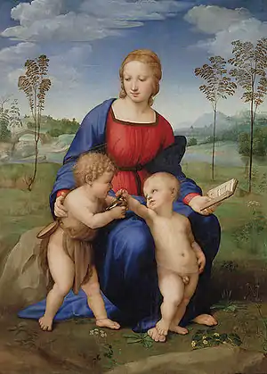 Raphaël - Madone au Chardonneret, 1505-1506Tempera sur bois, 107&nbsp;×&nbsp;77&nbsp;cm  Galerie des Offices, Florence.