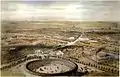 Vue aérienne de Madrid montrant la Porte d'Alcalá et son arène. Lithographie datant approximativement de 1854, par Alfred Guesdon.
