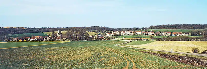 Magny-Lambert depuis la route de Villaines-en-Duesmois, Rue-Basse est à gauche et Rue-Haute à droite&nbsp;; sur la ligne de crête à gauche une carrière de pierre du Châtillonnais.