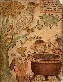 Þjazi empêche les Ases de faire bouillir les aliments, illustration tirée d'un manuscrit islandais du XVIIIe&nbsp;siècle.