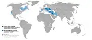 Répartition géographique de l'arménien (tous dialectes confondus).