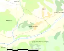 Carte élémentaire montrant les limites de la commune, les communes voisines, les zones de végétation et les routes