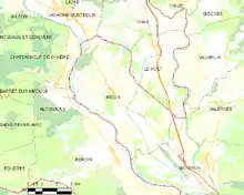 Carte élémentaire montrant les limites de la commune, les communes voisines, les zones de végétation et les routes