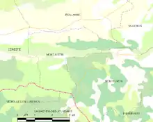 Carte élémentaire montrant les limites de la commune, les communes voisines, les zones de végétation et les routes