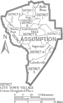 Carte en niveaux de gris avec les localités délimitées par des pointillés et les districts en traits pleins.