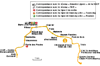 Tracé géographiquement exact de la ligne 1 de Quatre Cantons au CHU - Eurasanté.