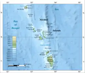 Carte des îles Nicobar avec l'île Batti Malv au Nord.