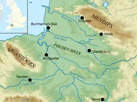 Carte topographie d'une partie du Somerset avec les collines de Quantock à l'ouest.
