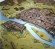 Plan maquette représentant Maastricht sur la Meuse au milieu du XVIIIe&nbsp;siècle.