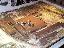 Maquette du site du Val d'Osne ; les bâtiments de production et à droite en bas la rue Barbezat (habitat ouvrier) qui a été livrée à la démolition.