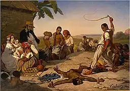 Le châtiment des quatre piquets (1843), scène de sévice corporel infligé à des esclaves dans les colonies. Il fut refusé par                             le jury du Salon du Louvre de 1843,.