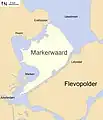 Le Markenwaard tel que prévu en 1974, sa dimension est réduite, un vaste lac de bordure entoure l'île Marken.