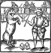 Gravure en noir et blanc d'un cheval qui se tient debout sur ses jambes arrières en tenant une baguette dan ssa bouche.