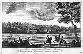 Gravure du XVIIIe&nbsp;siècle montrant une abbaye entourée de champs et de forêts.