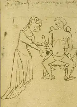 Une miresse, femme médecin du Moyen Âge. Manuscrit anglais du début du XVe siècle.