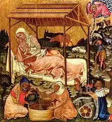 Maître de Vyšší Brod, un maître de Bohême, ca. 1350, avec le portrait en donateur de Charles IV du Saint-Empire portant une église miniature, comme il a vraisemblablement payé l'ensemble du bâtiment auquel est destinée la peinture.