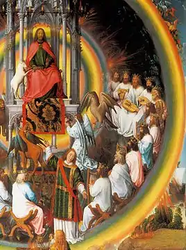Le Christ sur un trône sous un dais de pierres soutenu par des colonnettes, posé sur un sol cristallin.