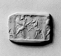 Impression moderne de sceau-cylindre représentant un griffon androcéphale attaquant un cheval. XIIIe&nbsp;siècle&nbsp;av. J.-C. Walters Art Museum.
