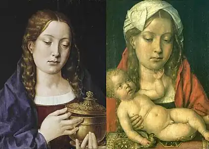 Deux portraits par Sittow d'une Catherine d'Aragon de 15 ans dans le rôle de Marie Madeleine et d'une Vierge à l'Enfant, XVe&nbsp;siècle.