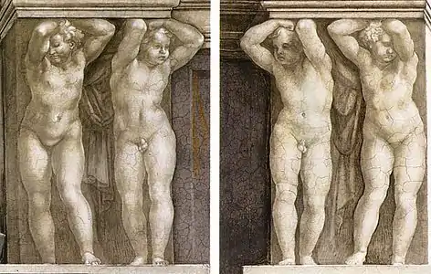Les paires de chérubins monochromes de chaque côté du trône de Joël.