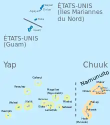 Carte. Îles du district de Chuuk (est). Îles de Yap, dont Pikelot (ouest). Guam et les Mariannes du Nord (nord-ouest).