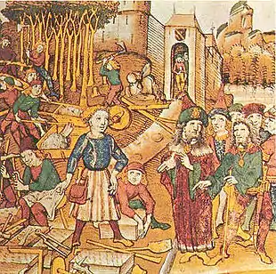 Représentation d'un chantier de construction au Moyen Âge