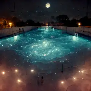 Réponse à l'invite : « piscine remplie d'une galaxie par une nuit au clair de lune ».