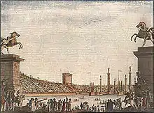 foule sur des gradins autour d'un bassin