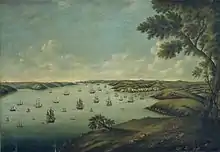 Une flotte de bateau, et le hameau de Hakin Hubberston qui formera le noyau de la future ville de Milford Haven.