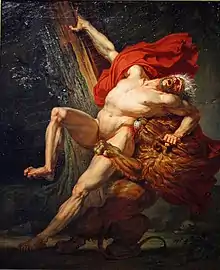 tableau représentant un homme nu avec un manteau rouge, dévoré par un lion