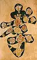 孝 (xiào), la piété filiale, agrémenté de fleurs.