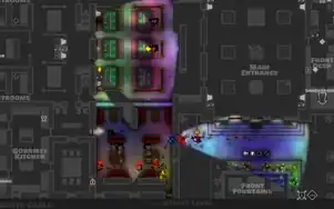 Un personnage s'infiltre dans un bâtiment en vue du dessus, des gens le surprennent.