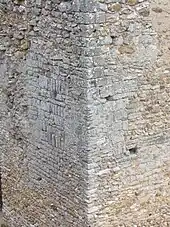 Photographie en couleurs de blocs de pierre de forme régulière au milieu de la maçonnerie plus irrégulière d'un mur.