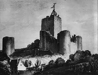 Dessin en noir et blanc d'un donjon ruiné muni à son sommet de bras articulés.