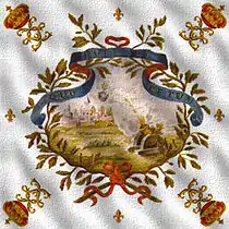 Drapeau de la 1re&nbsp;compagnie des mousquetaires du roi d'après Du Vivier – 1715. On y lit la devise : « Quo ruit et letum » (« Où elle tombe [allusion à la bombe représentée], la mort aussi », « Où elle tombe la mort vient avec elle »).