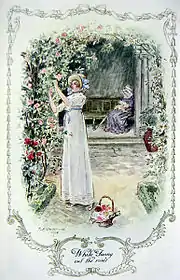 Gravure.Une jeune fille cueille des roses